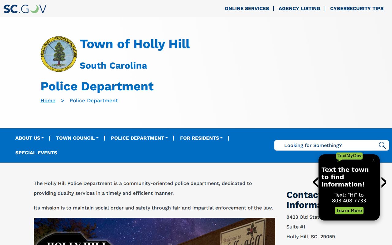 Orangeburg County Holly Hill criminal records and Police Department page