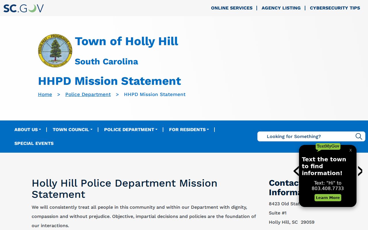 Orangeburg County Holly Hill criminal records and HHPD mission page