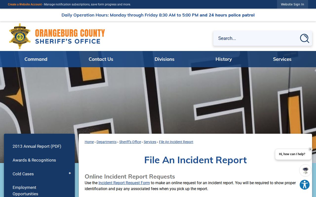 Orangeburg County arrest lookup incident report request page