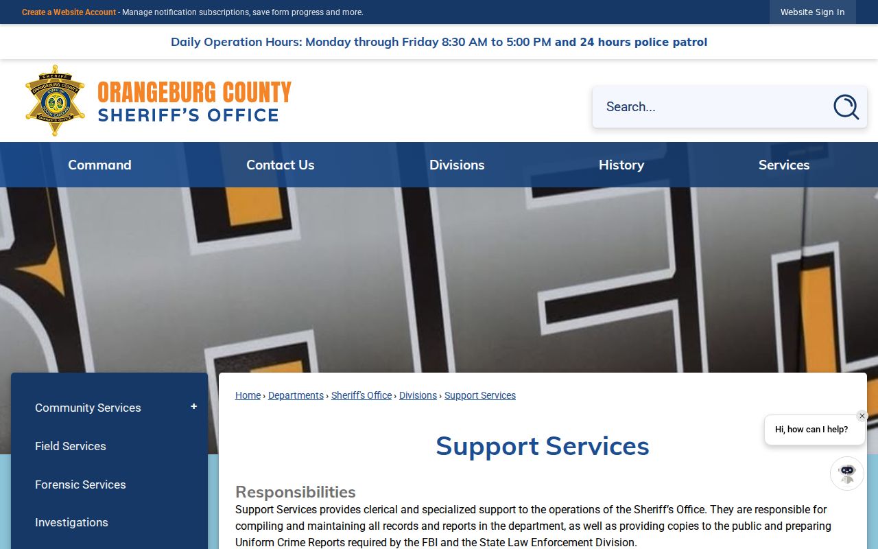 Orangeburg County arrest lookup sheriff records Support Services