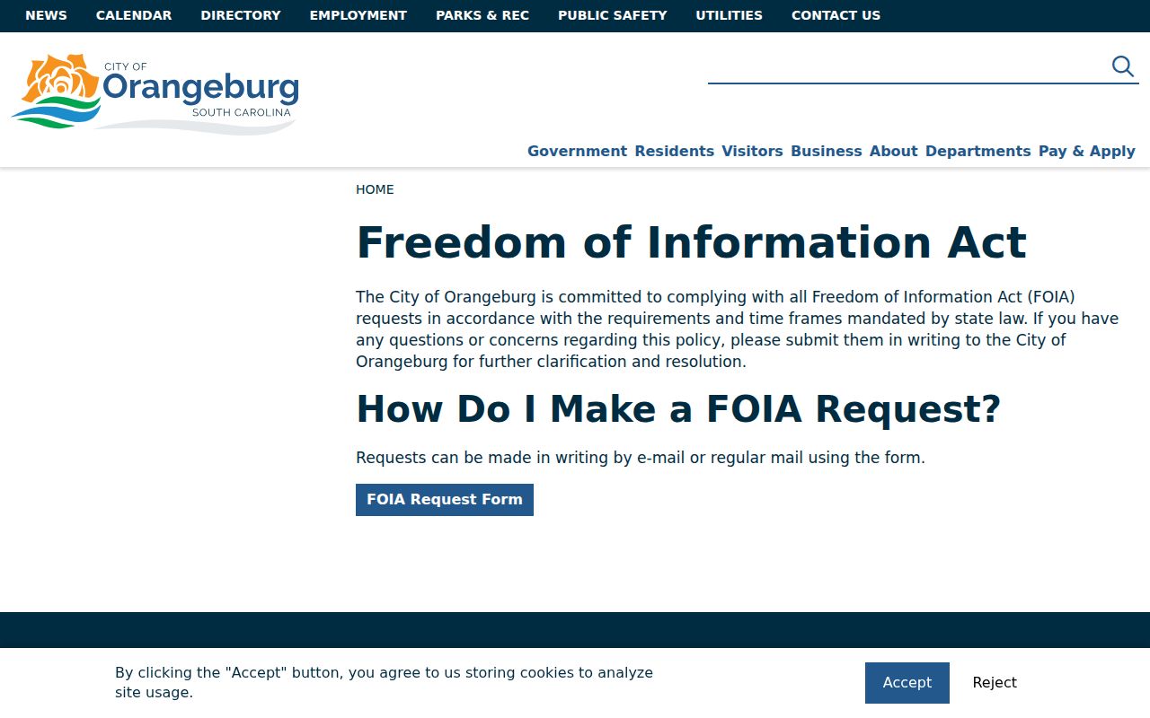 Orangeburg criminal records Freedom of Information Act request channel