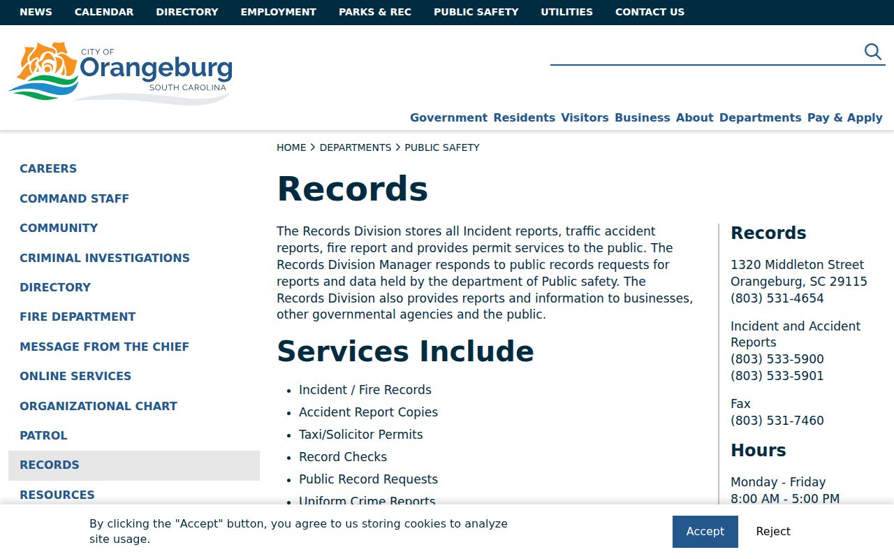 Orangeburg criminal records office and Public Safety request information