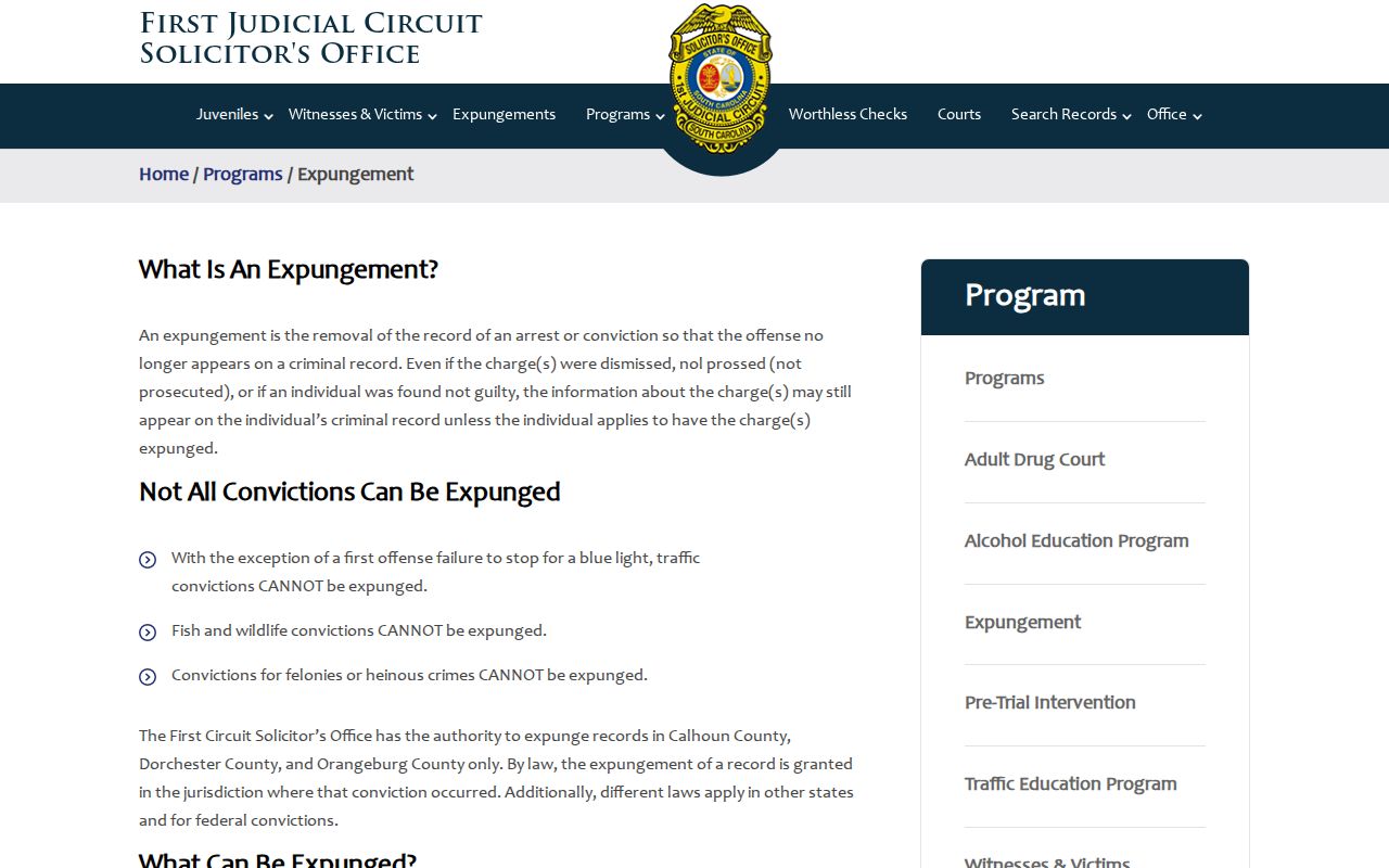 Orangeburg County criminal record expungement program