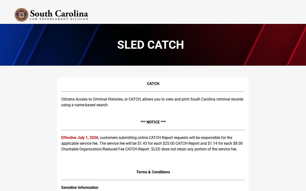 Orangeburg County criminal history search through SLED CATCH